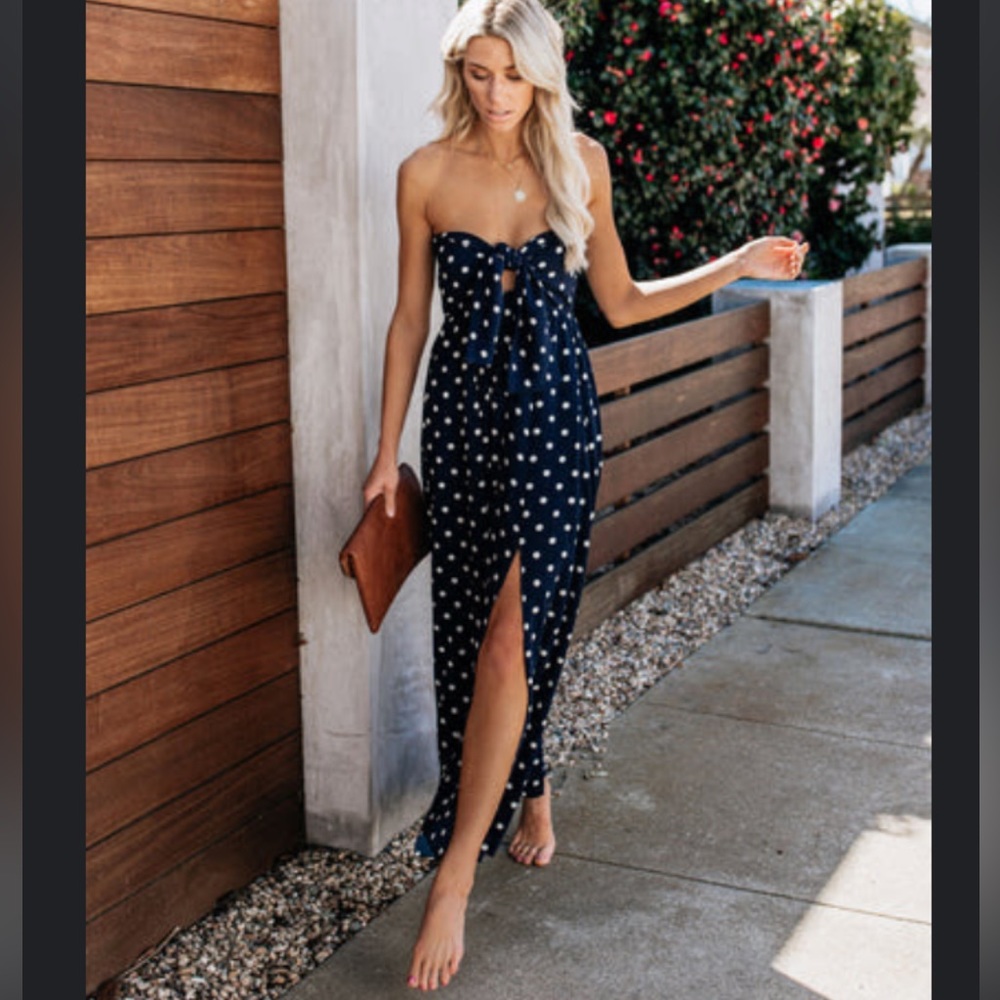 Vici Navy Polka Dot Strapless Maxi Dress